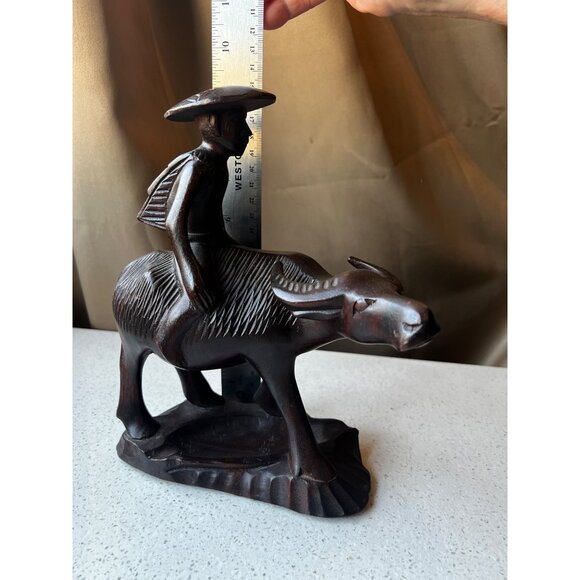 Hand-Carved Wooden Sculpture Of Man On Water Buffalo Vintage - Picture 1 of 15